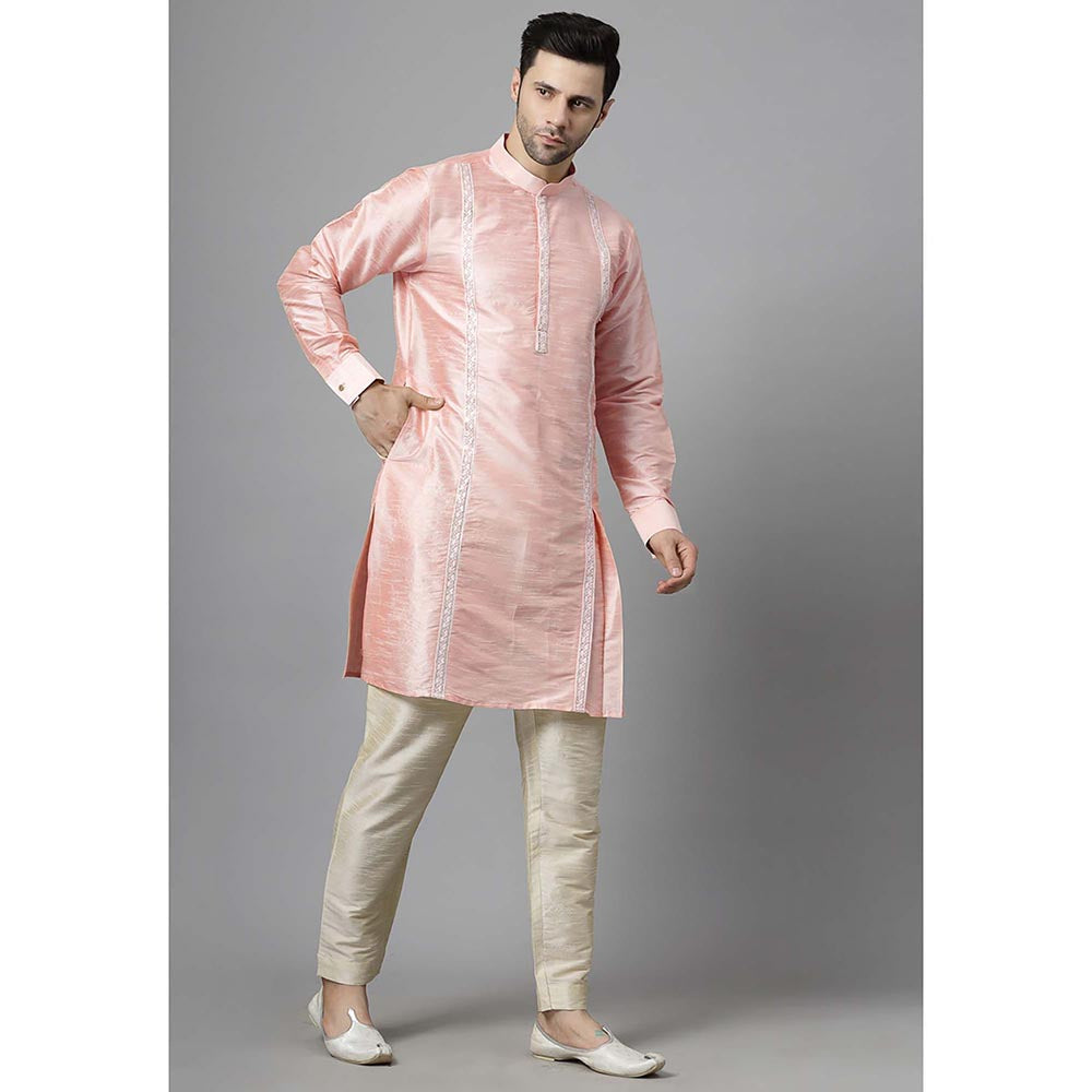 UTSAV FASHION Men Peach Embroidered High Slit Sequined Kurta and Pant