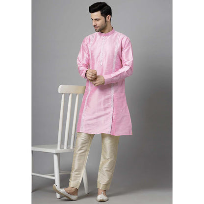 UTSAV FASHION Men Pink Embroidered High Slit Sequined Kurta and Pant