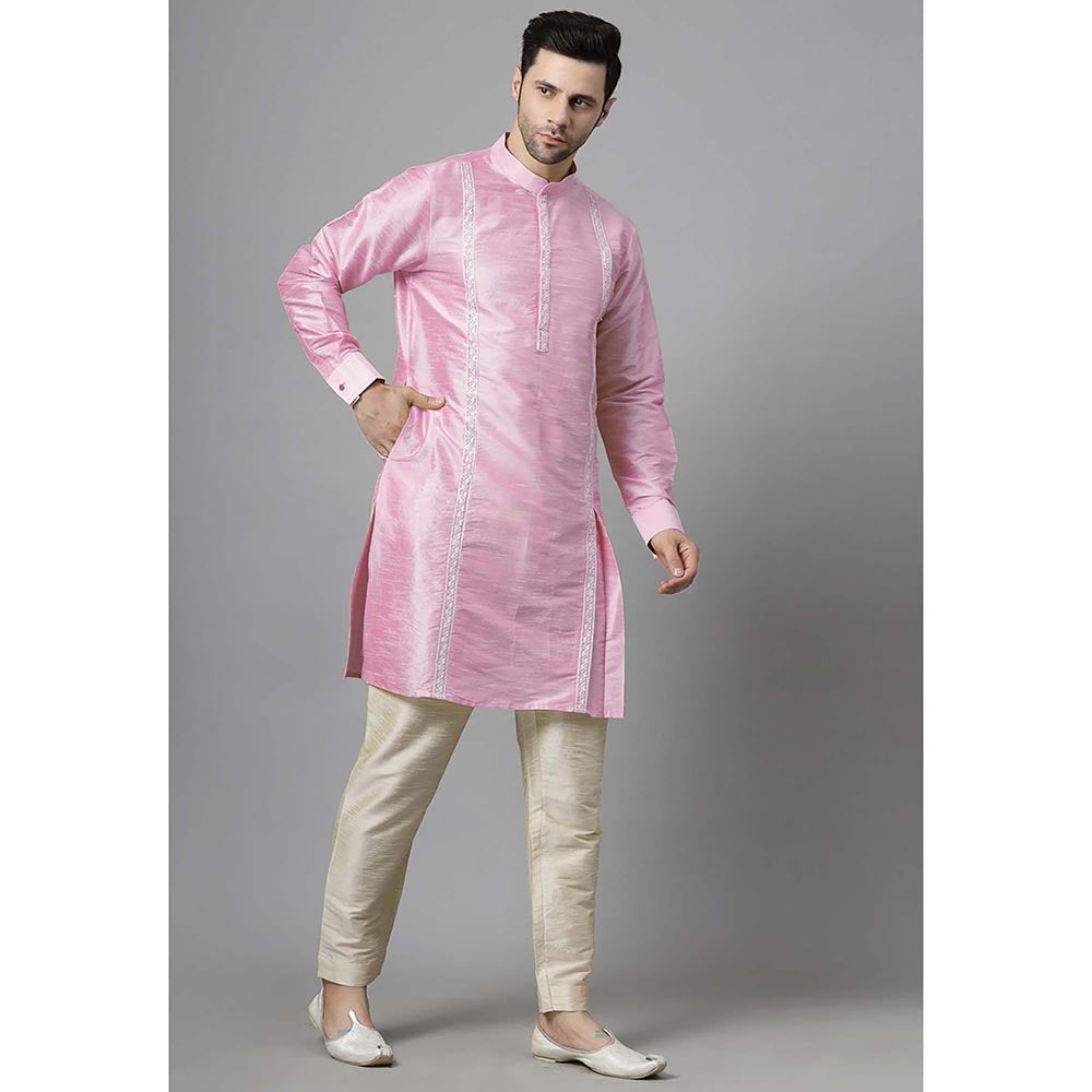 UTSAV FASHION Men Pink Embroidered High Slit Sequined Kurta and Pant
