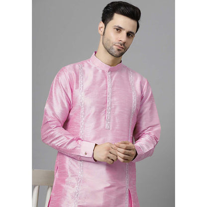 UTSAV FASHION Men Pink Embroidered High Slit Sequined Kurta and Pant