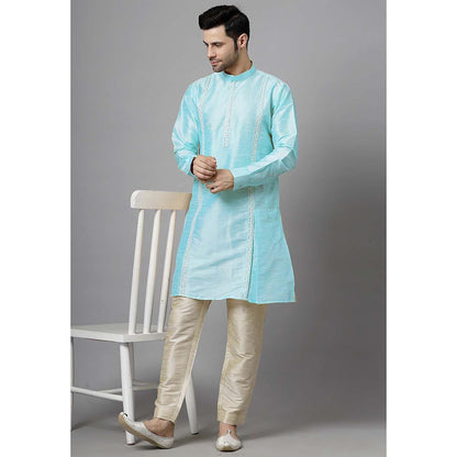 UTSAV FASHION Men Blue Embroidered High Slit Sequined Kurta and Pant
