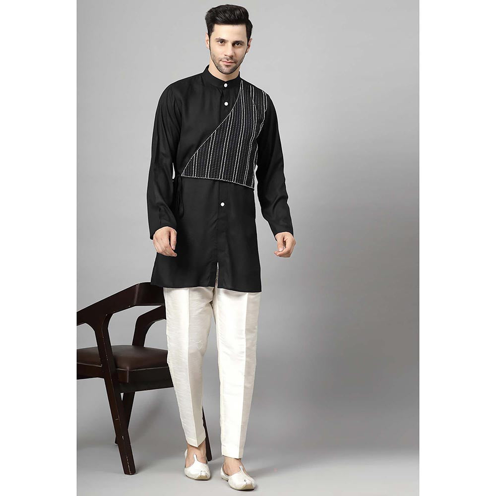 UTSAV FASHION Striped Embroidered Band Collar Straight Short Kurta and Pant