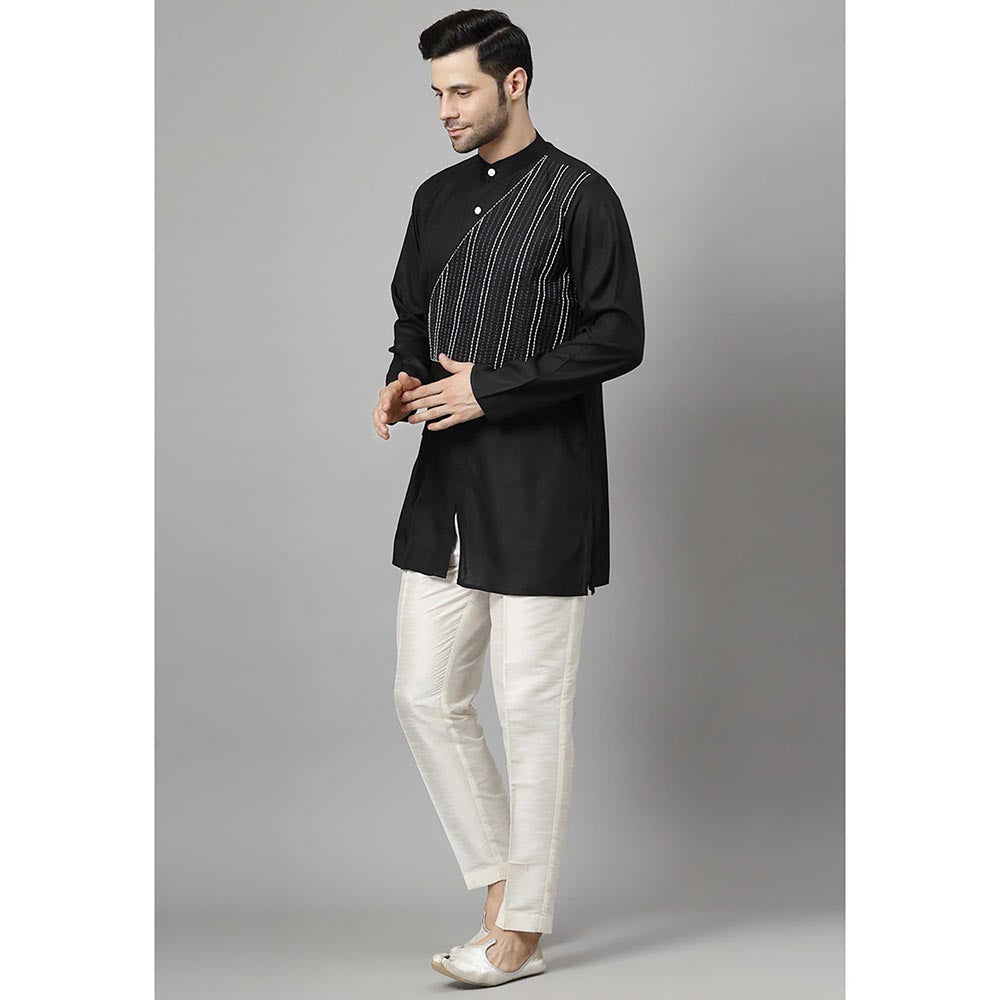 UTSAV FASHION Striped Embroidered Band Collar Straight Short Kurta and Pant