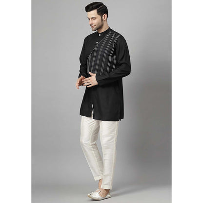 UTSAV FASHION Striped Embroidered Band Collar Straight Short Kurta and Pant