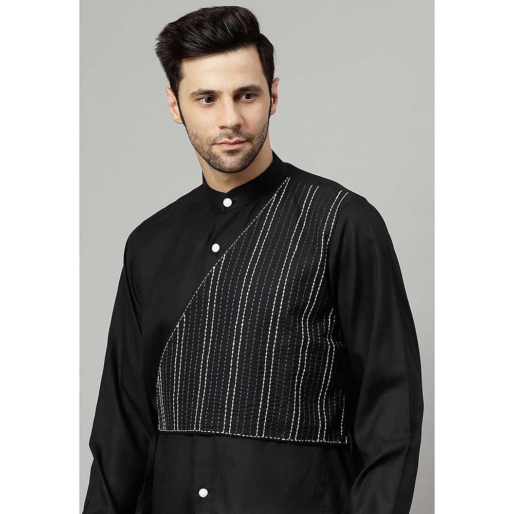UTSAV FASHION Striped Embroidered Band Collar Straight Short Kurta and Pant