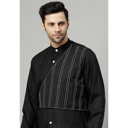 UTSAV FASHION Striped Embroidered Band Collar Straight Short Kurta and Pant