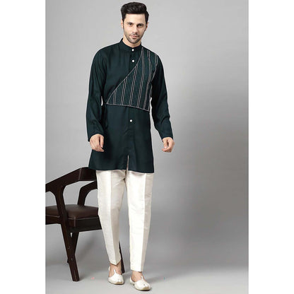 UTSAV FASHION Striped Embroidered Band Collar Straight Short Kurta and Pant