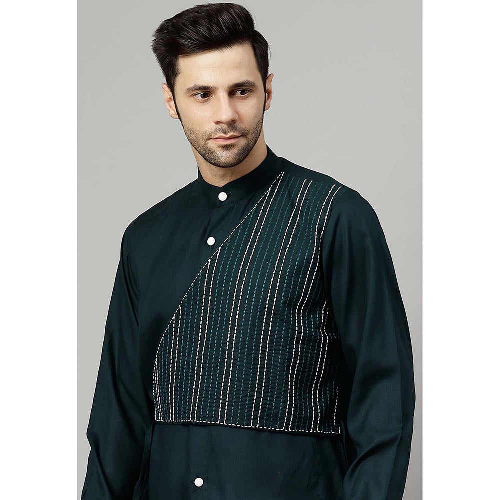UTSAV FASHION Striped Embroidered Band Collar Straight Short Kurta and Pant
