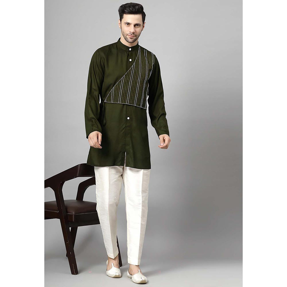 UTSAV FASHION Striped Embroidered Band Collar Straight Short Kurta and Pant