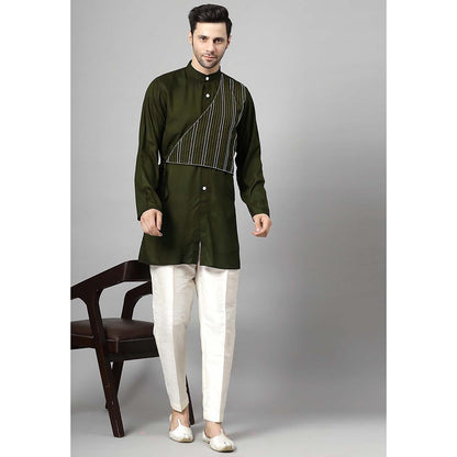 UTSAV FASHION Striped Embroidered Band Collar Straight Short Kurta and Pant