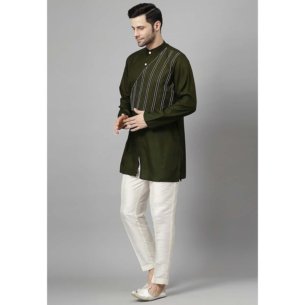UTSAV FASHION Striped Embroidered Band Collar Straight Short Kurta and Pant
