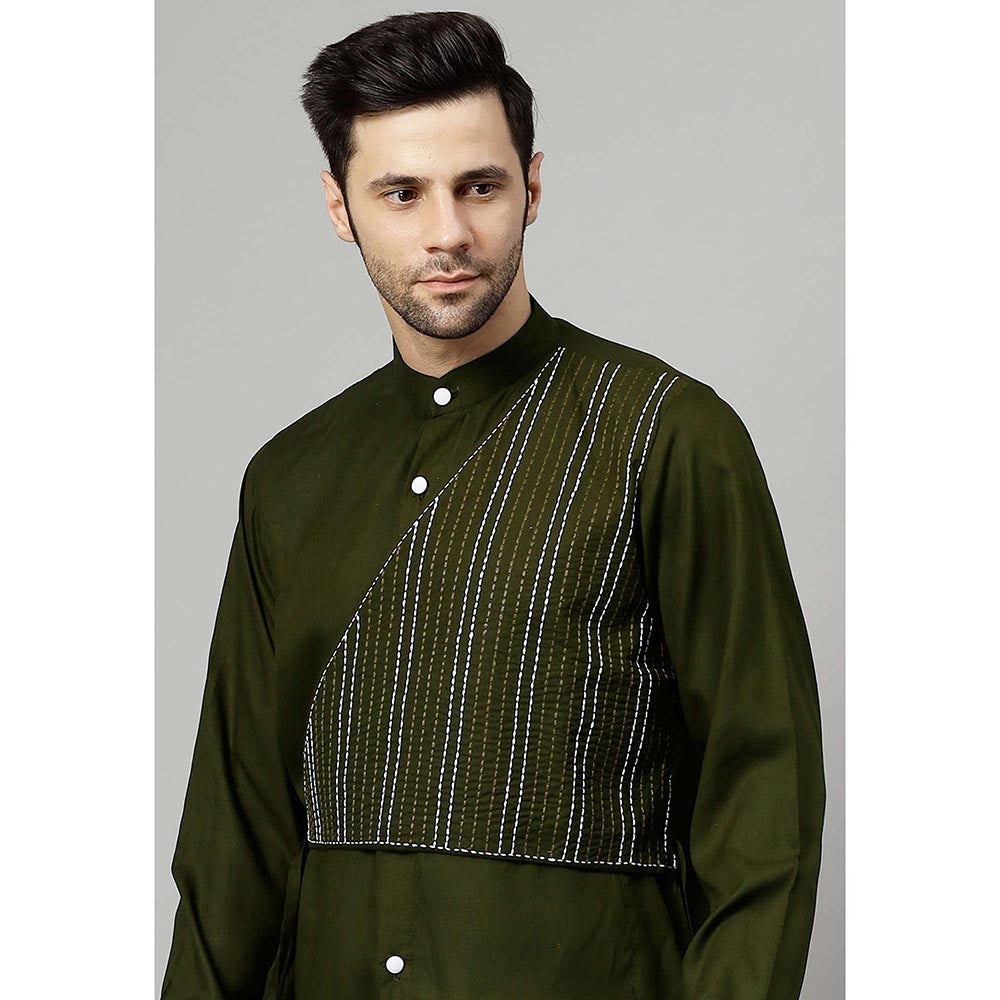 UTSAV FASHION Striped Embroidered Band Collar Straight Short Kurta and Pant