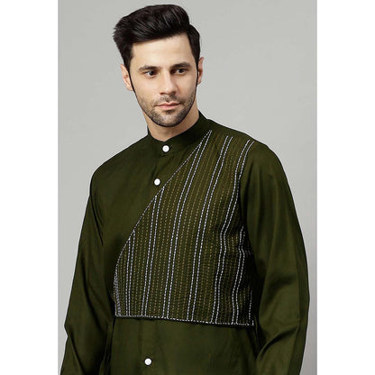 UTSAV FASHION Striped Embroidered Band Collar Straight Short Kurta and Pant