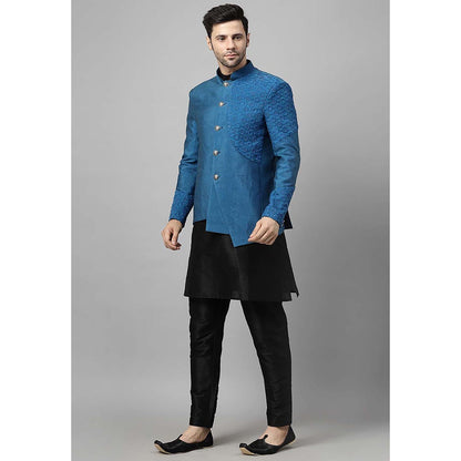 UTSAV FASHION Men Teal Embroidered Dupion Silk Kurta and Pant with Jacket