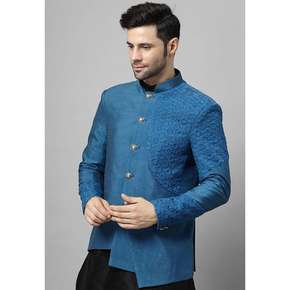 UTSAV FASHION Men Teal Embroidered Dupion Silk Kurta and Pant with Jacket