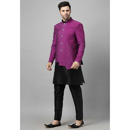 UTSAV FASHION Men Purple Embroidered Dupion Silk Kurta and Pant with Jacket