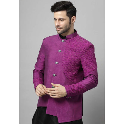 UTSAV FASHION Men Purple Embroidered Dupion Silk Kurta and Pant with Jacket