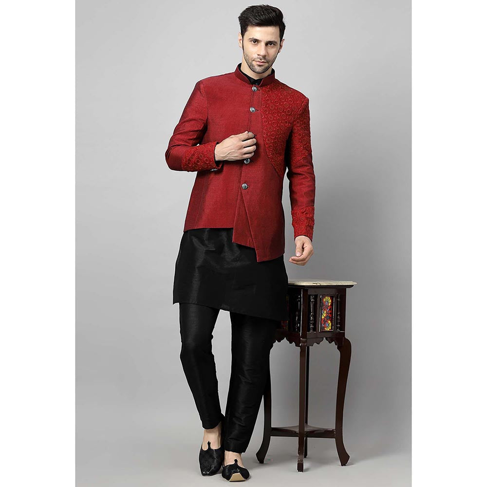 UTSAV FASHION Men Red Embroidered Dupion Silk Kurta and Pant with Jacket