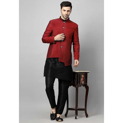 UTSAV FASHION Men Red Embroidered Dupion Silk Kurta and Pant with Jacket
