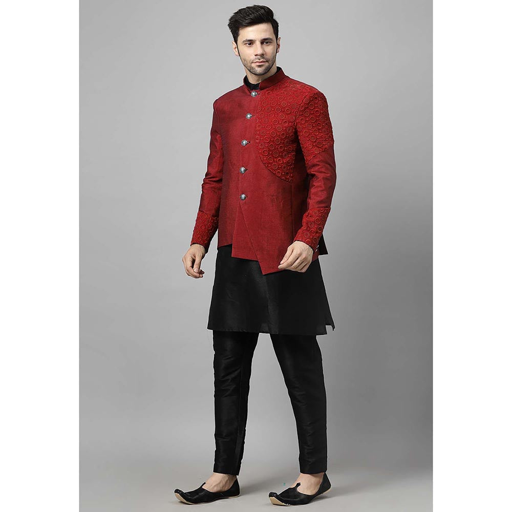 UTSAV FASHION Men Red Embroidered Dupion Silk Kurta and Pant with Jacket