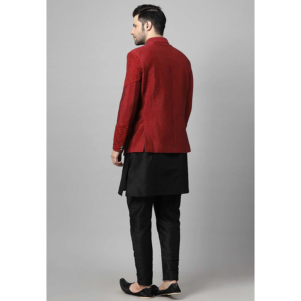 UTSAV FASHION Men Red Embroidered Dupion Silk Kurta and Pant with Jacket