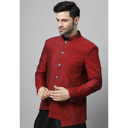 UTSAV FASHION Men Red Embroidered Dupion Silk Kurta and Pant with Jacket