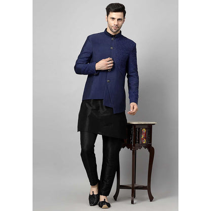 UTSAV FASHION Men Navy Blue Embroidered Dupion Silk Kurta and Pant with Jacket