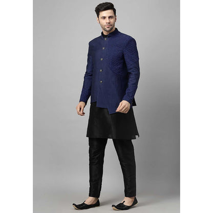 UTSAV FASHION Men Navy Blue Embroidered Dupion Silk Kurta and Pant with Jacket