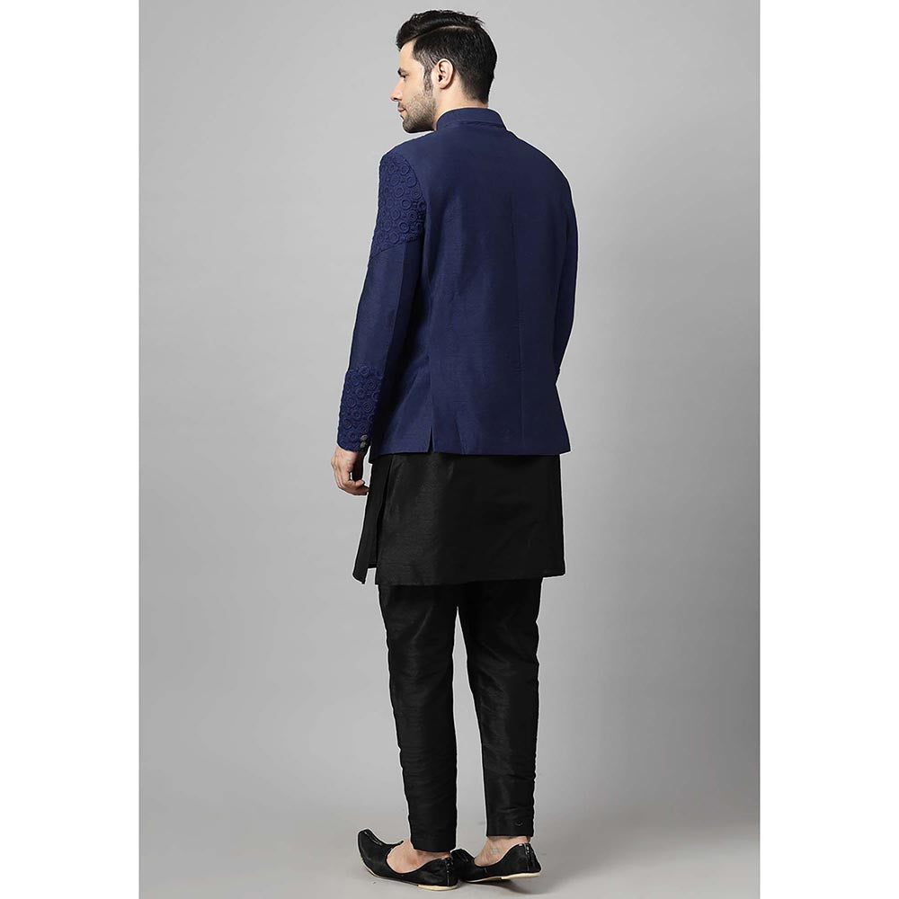 UTSAV FASHION Men Navy Blue Embroidered Dupion Silk Kurta and Pant with Jacket
