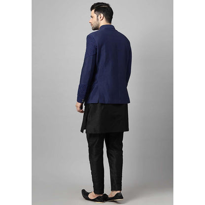 UTSAV FASHION Men Navy Blue Embroidered Dupion Silk Kurta and Pant with Jacket
