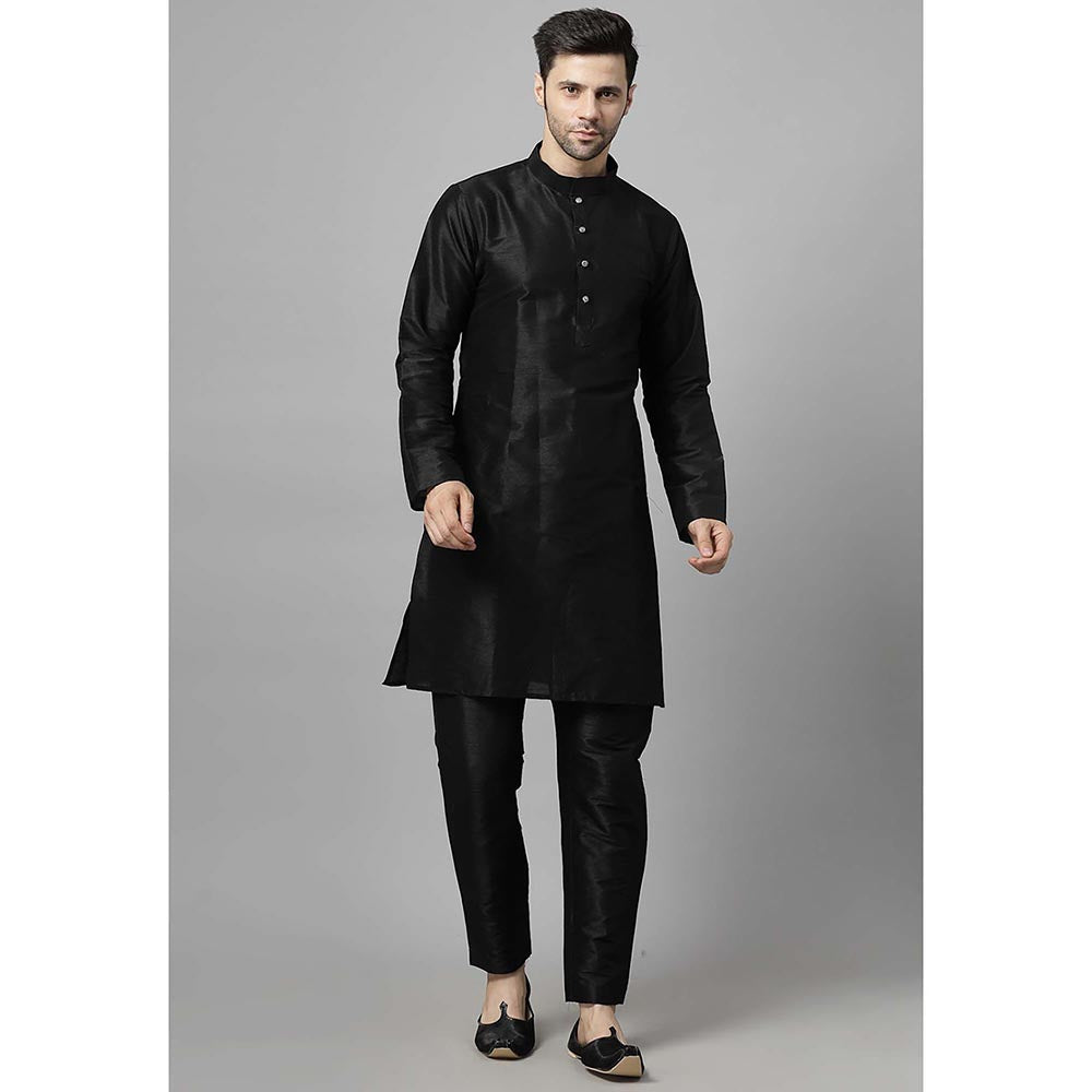 UTSAV FASHION Men Navy Blue Embroidered Dupion Silk Kurta and Pant with Jacket