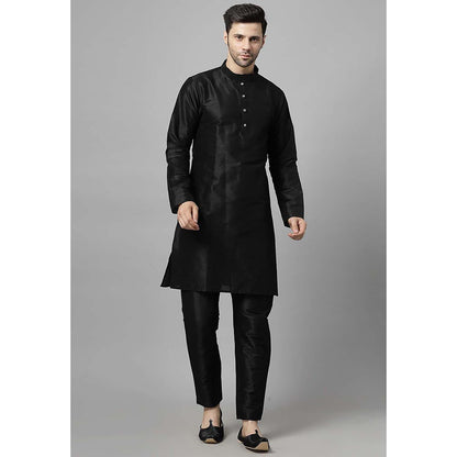 UTSAV FASHION Men Navy Blue Embroidered Dupion Silk Kurta and Pant with Jacket
