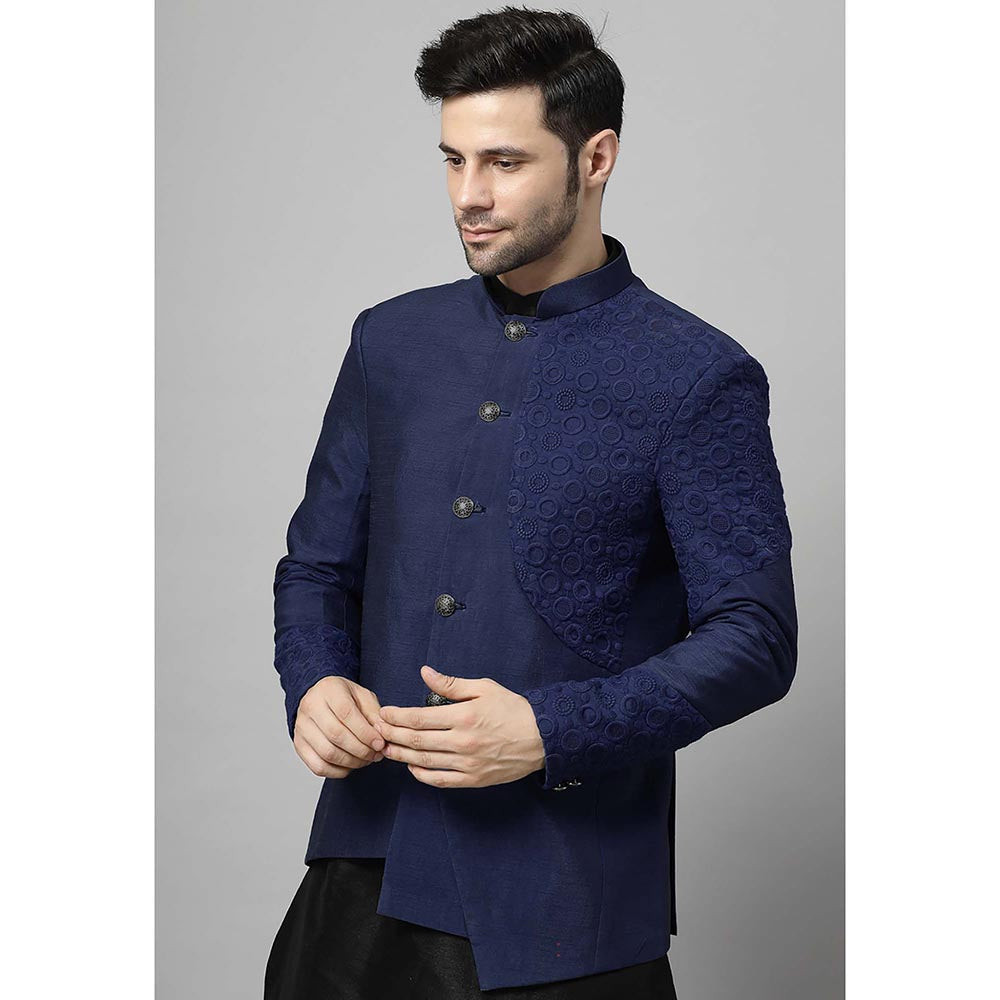 UTSAV FASHION Men Navy Blue Embroidered Dupion Silk Kurta and Pant with Jacket
