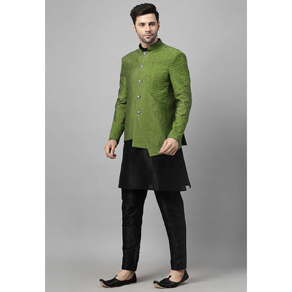 UTSAV FASHION Men Green Embroidered Dupion Silk Kurta and Pant with Jacket
