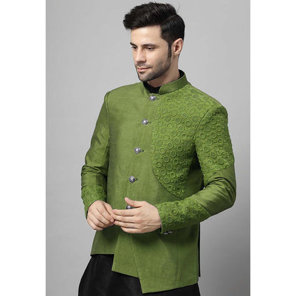UTSAV FASHION Men Green Embroidered Dupion Silk Kurta and Pant with Jacket