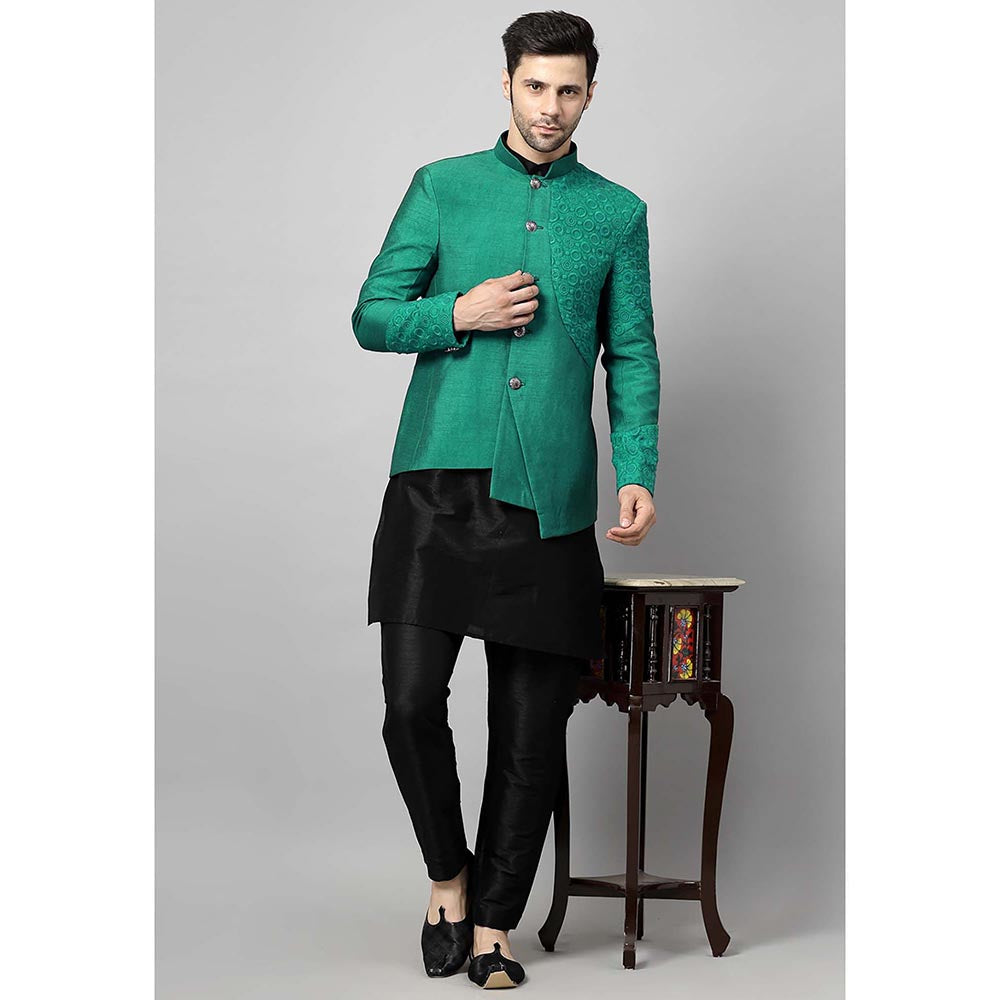 UTSAV FASHION Men Green Embroidered Dupion Silk Kurta and Pant with Jacket