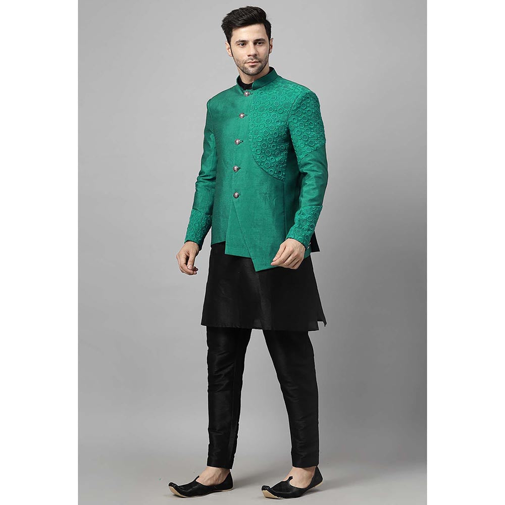 UTSAV FASHION Men Green Embroidered Dupion Silk Kurta and Pant with Jacket