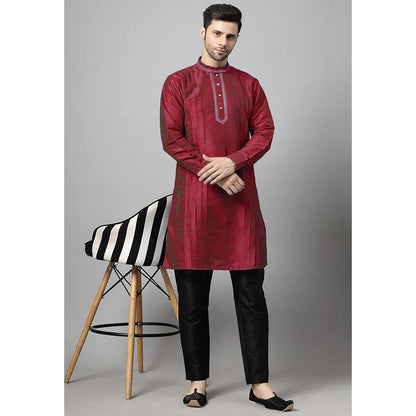 UTSAV FASHION Maroon Men Yoke Design Pleated Mirror Work Kurta and Pant