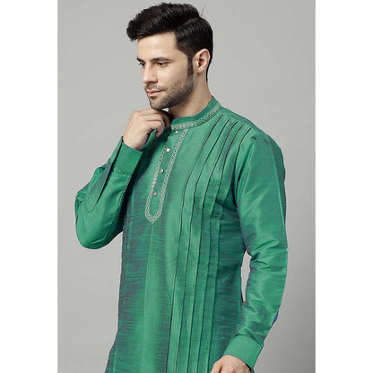 UTSAV FASHION Green Men Yoke Design Pleated Mirror Work Kurta and Pant
