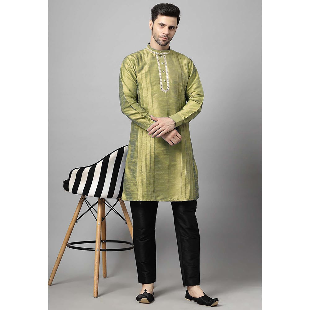 UTSAV FASHION Olive Men Yoke Design Pleated Mirror Work Kurta and Pant