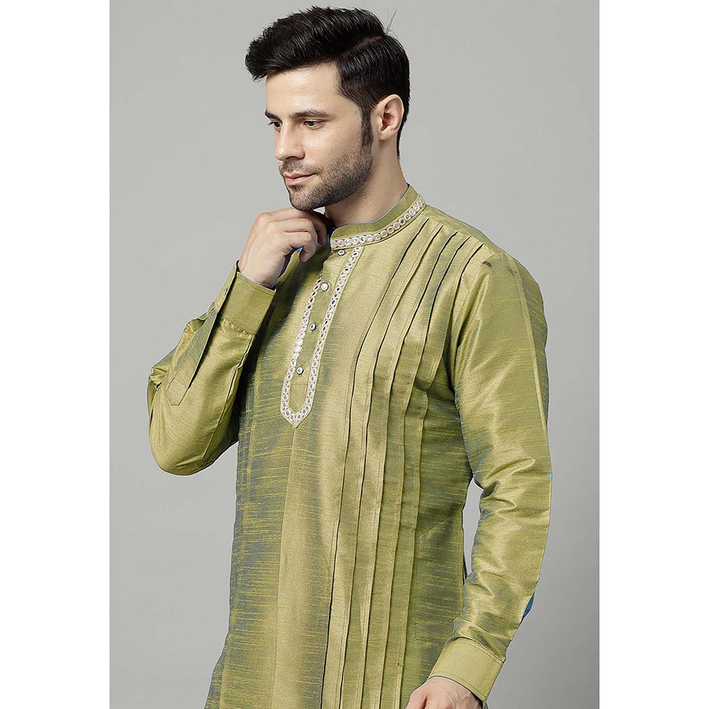 UTSAV FASHION Olive Men Yoke Design Pleated Mirror Work Kurta and Pant