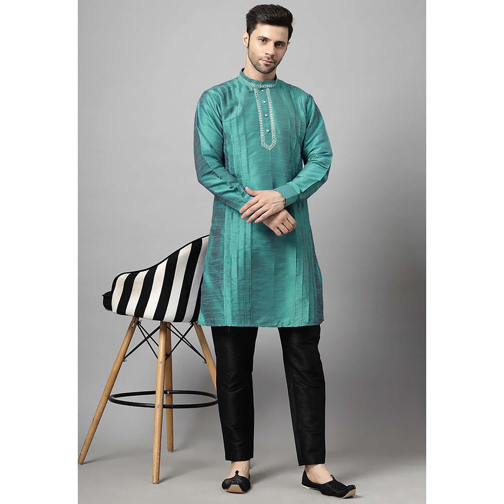UTSAV FASHION Teal Men Yoke Design Pleated Mirror Work Kurta and Pant