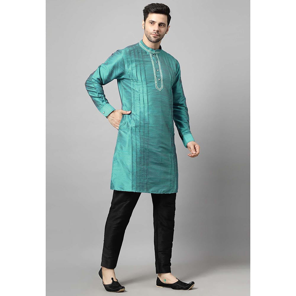 UTSAV FASHION Teal Men Yoke Design Pleated Mirror Work Kurta and Pant