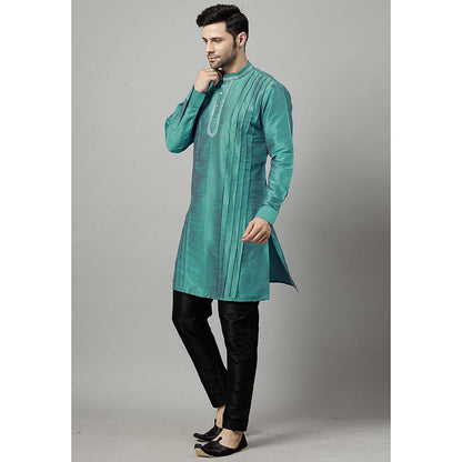 UTSAV FASHION Teal Men Yoke Design Pleated Mirror Work Kurta and Pant