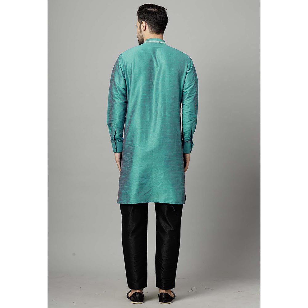 UTSAV FASHION Teal Men Yoke Design Pleated Mirror Work Kurta and Pant