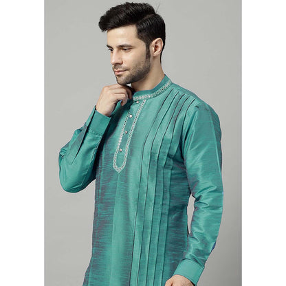 UTSAV FASHION Teal Men Yoke Design Pleated Mirror Work Kurta and Pant