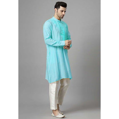 UTSAV FASHION Men Turquoise Pleated Silk Kurta and Pant