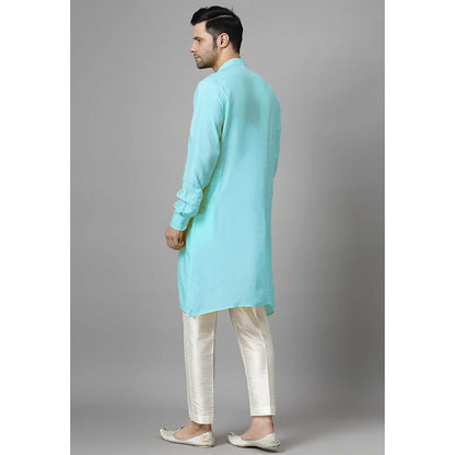 UTSAV FASHION Men Turquoise Pleated Silk Kurta and Pant