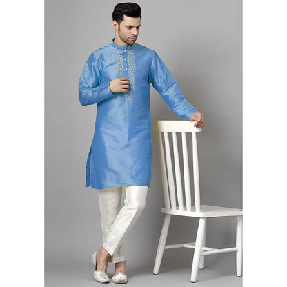 UTSAV FASHION Blue Mandarin Collar Beads and Stones Straight Kurta and Pant