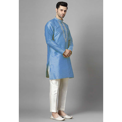 UTSAV FASHION Blue Mandarin Collar Beads and Stones Straight Kurta and Pant